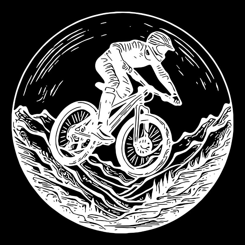 Logo de vététiste avec vélo sur le sentier forestier