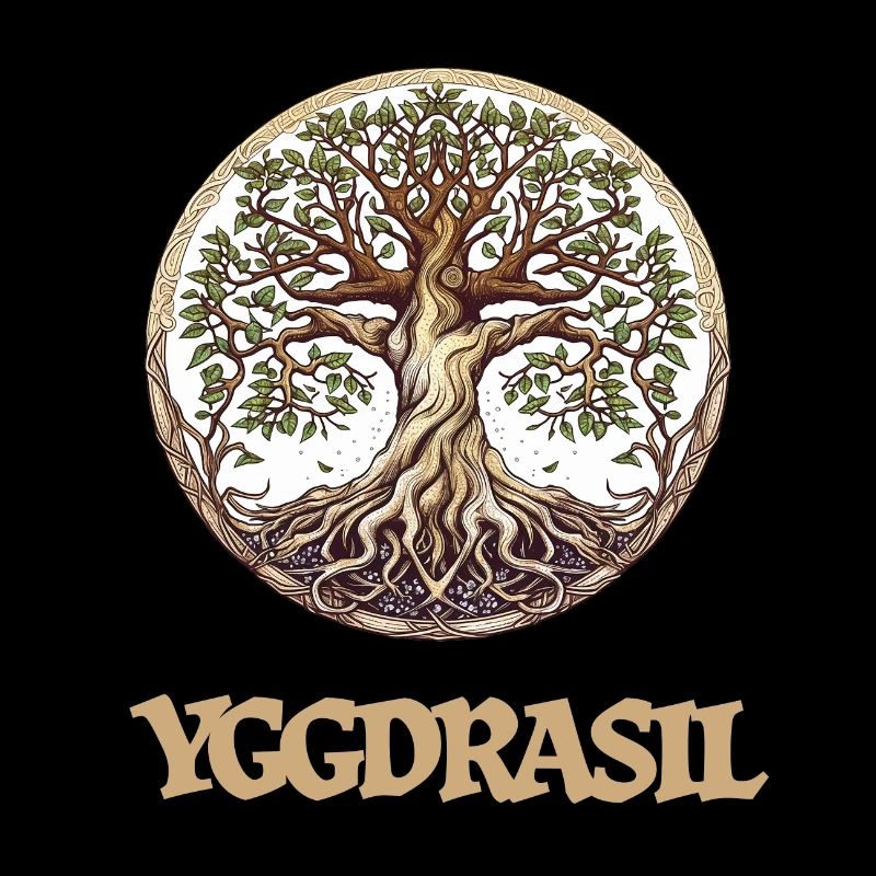 The large ash tree Yggdrasil, world tree with writing
