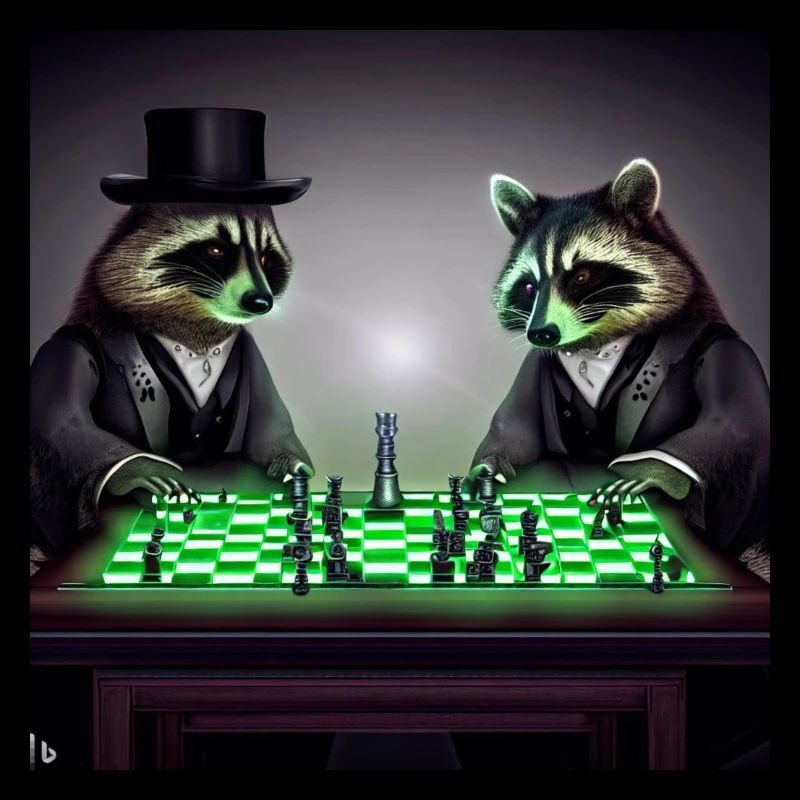two raccoons playing chess