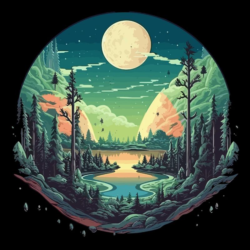 Surreal forest scenery at night