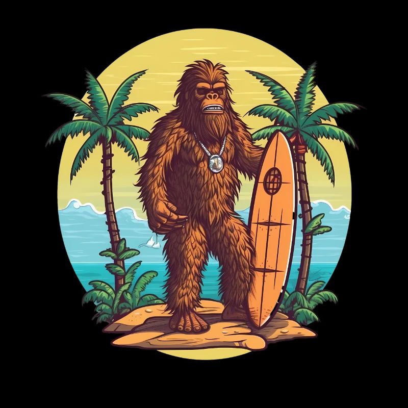 Bigfoot avec une planche de surf sur la plage d’Hawaï