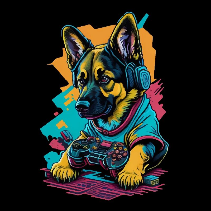 German Shepherd puppy plays with game control