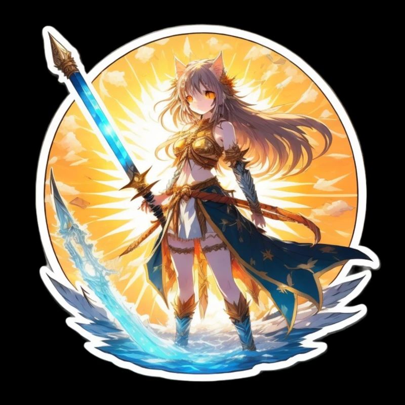 Fille chat de la plage d’été, fusion avec une épée