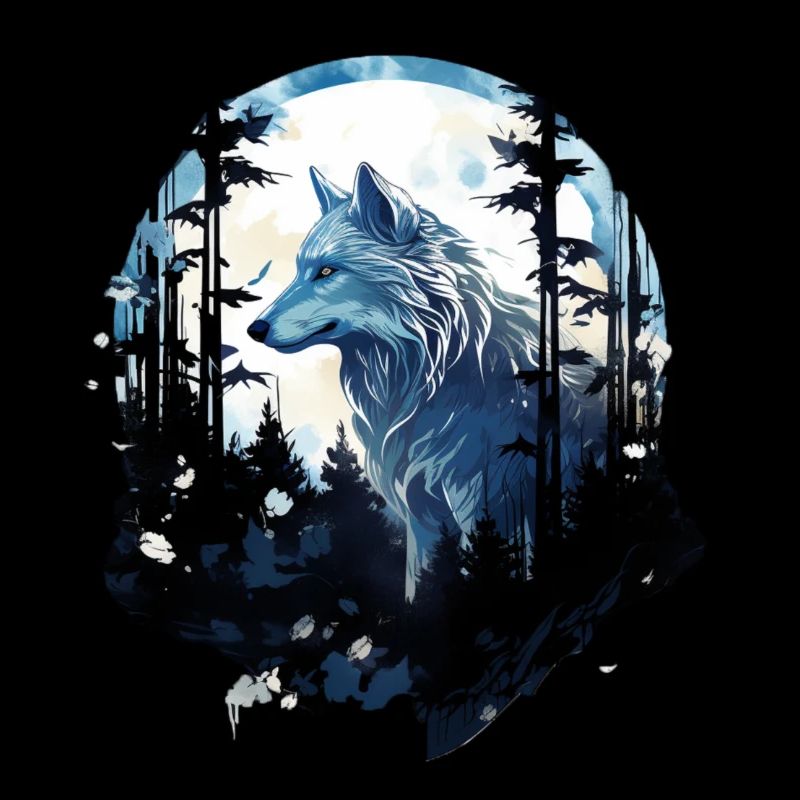 White wolf in the forest under full moon