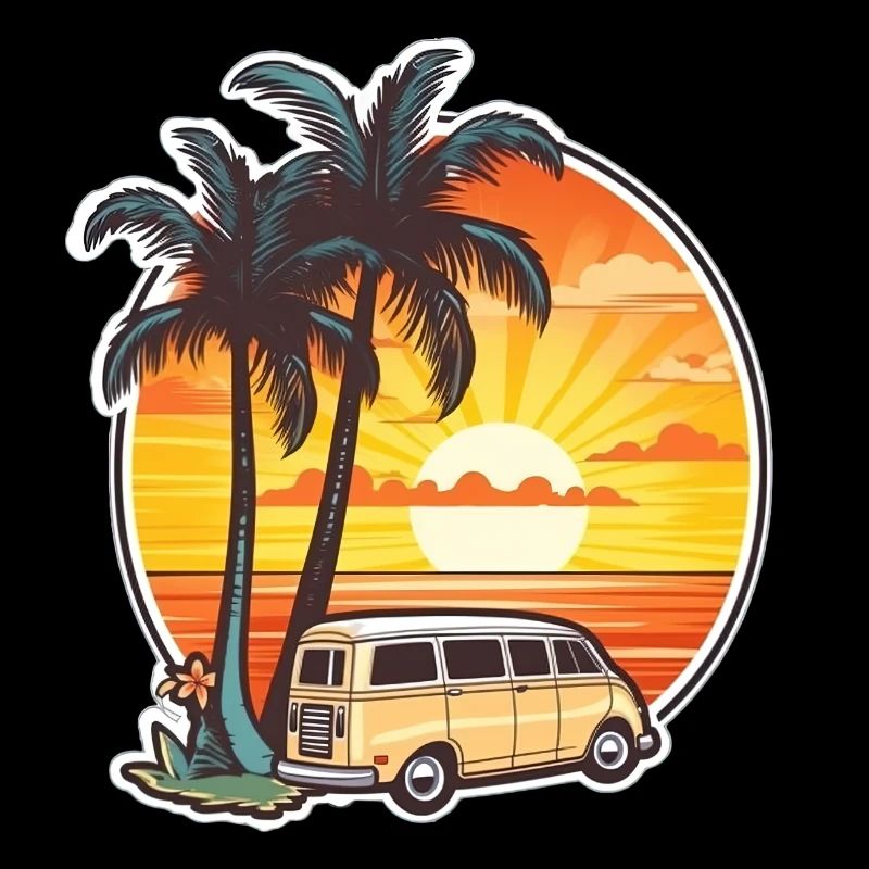 Van sur plage de cocotier mer océan