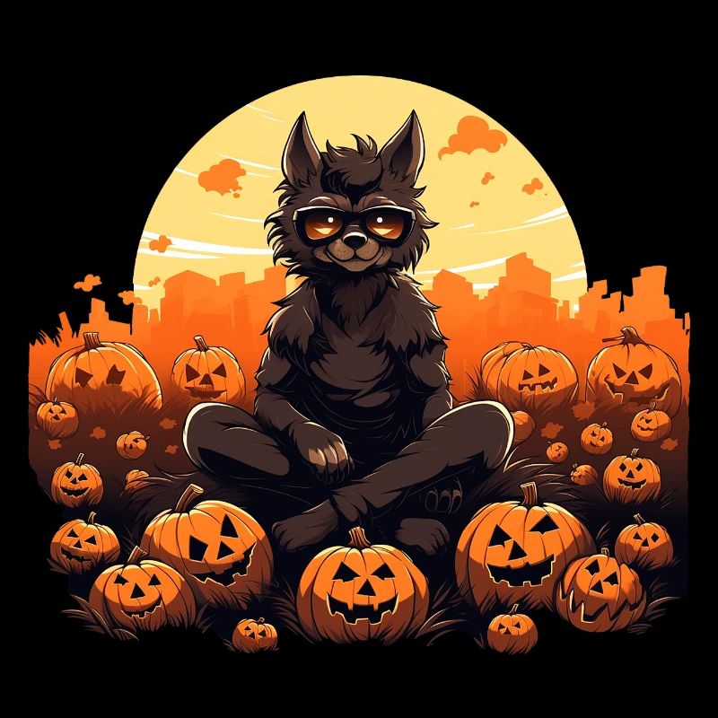 Halloween Werwolf mit Sonnenbrille im Kürbisfeld