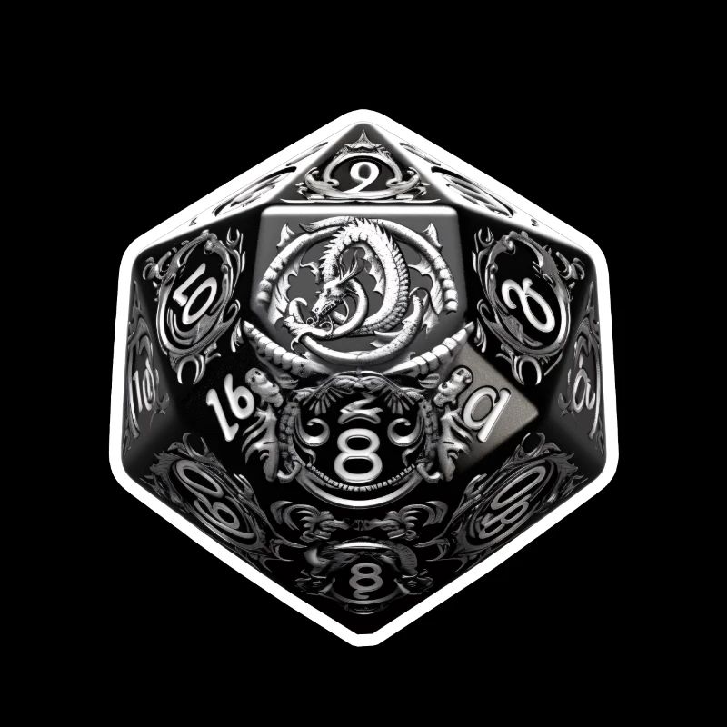 Cube noir D20 avec symbole de dragon