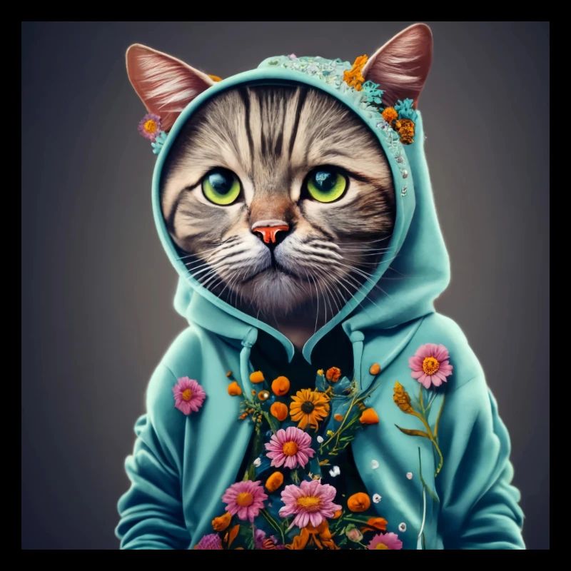 chat avec capuche et fleurs