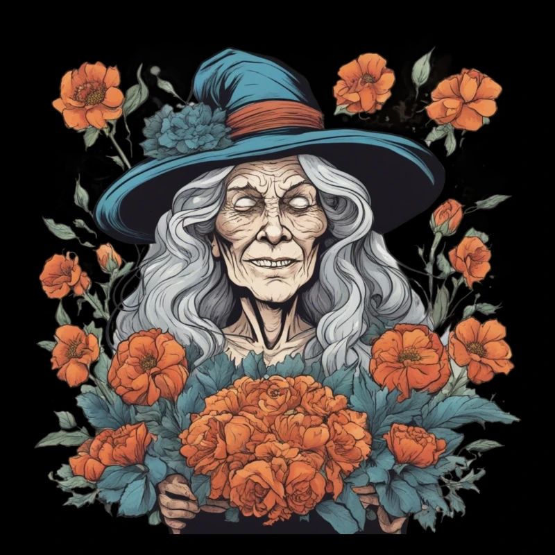 Alte Hexe mit Blumen
