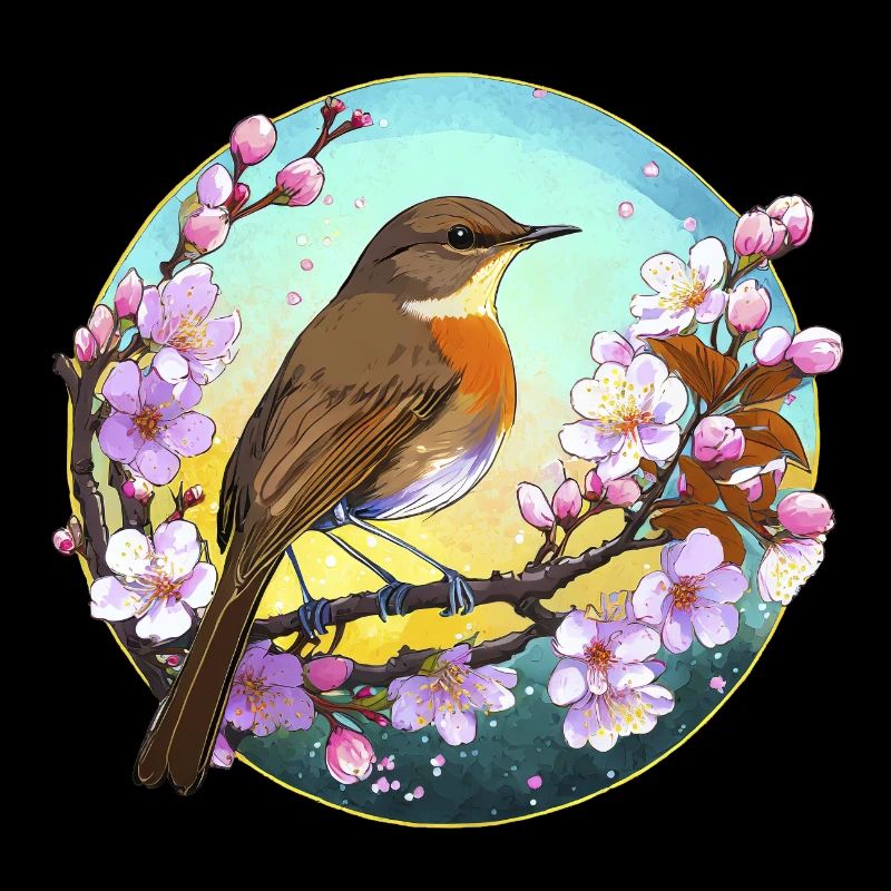 A robin on a cherry blossom branch