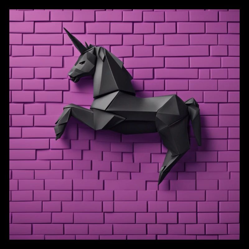 Licorne noire devant un mur violet
