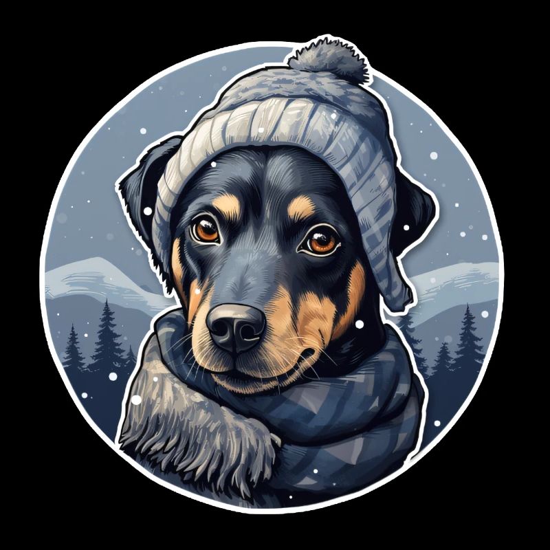 Pinscher d’hiver avec écharpe, veste et bonnet à pompon
