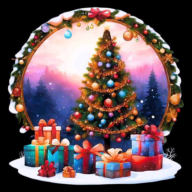 Farbenfroher Weihnachtsbaum mit Geschenken im Winterklima