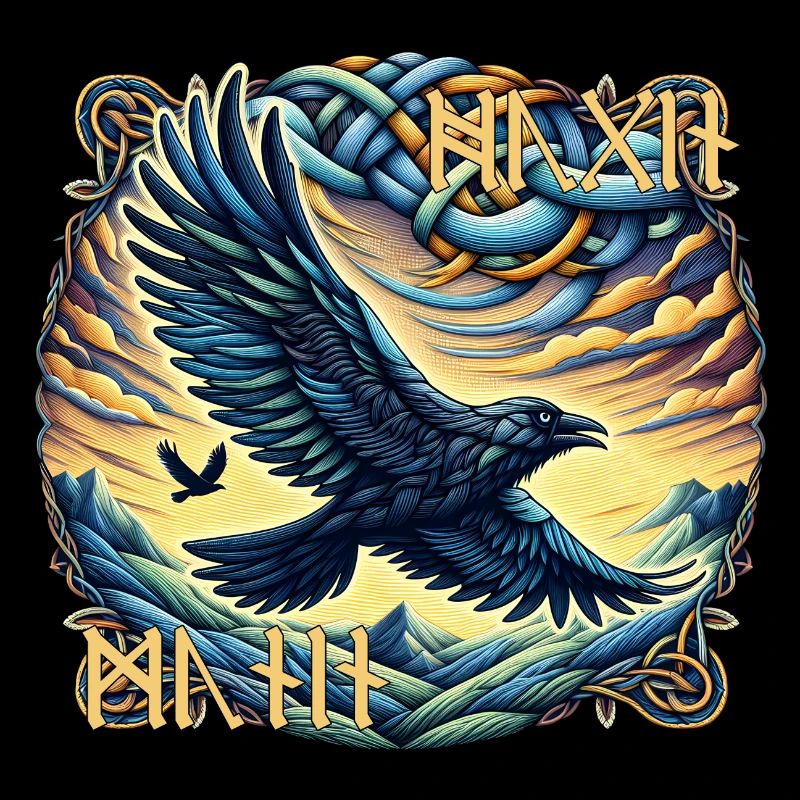 Hugin & Munin - Corbeau d’Odin avec écriture runique