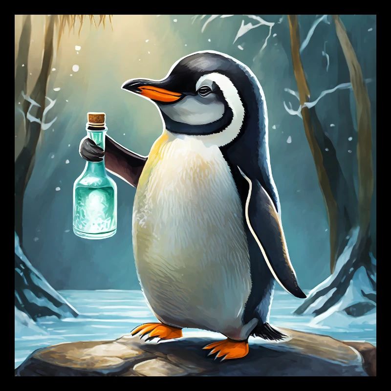 pingouin avec une bouteille de à la main