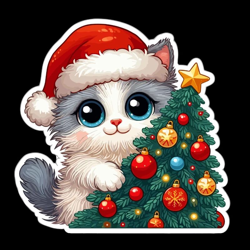 Chaton de Noël mignon et arbre décoré Art