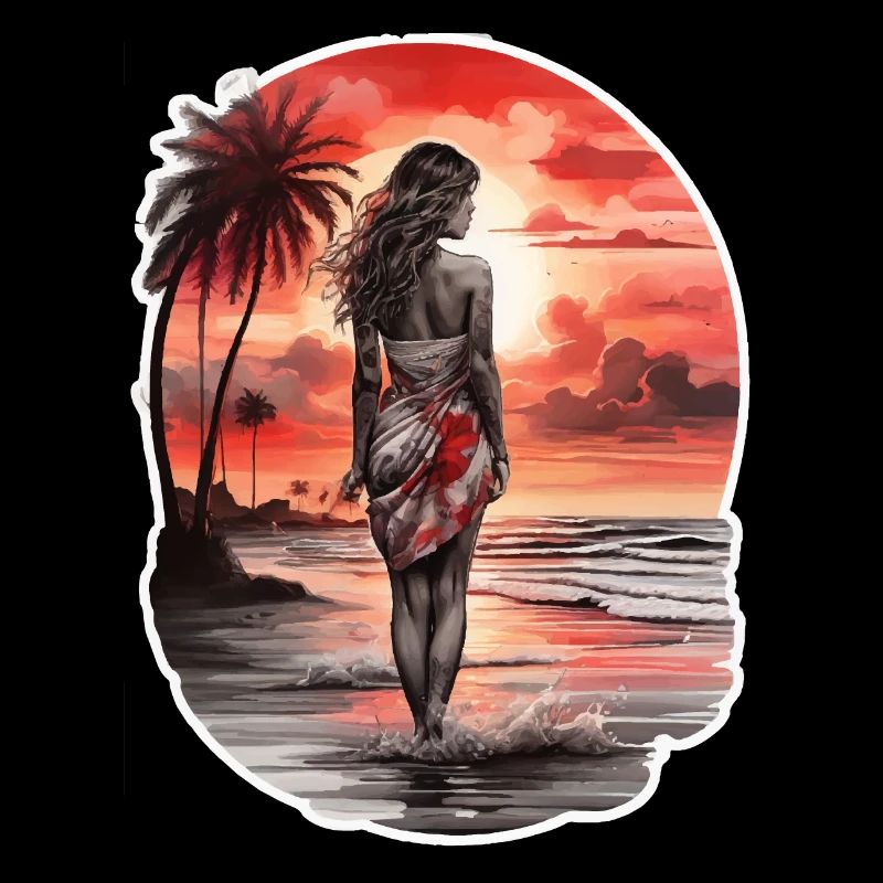 Frau am Strand mit Blick auf den roten Sonnenunter