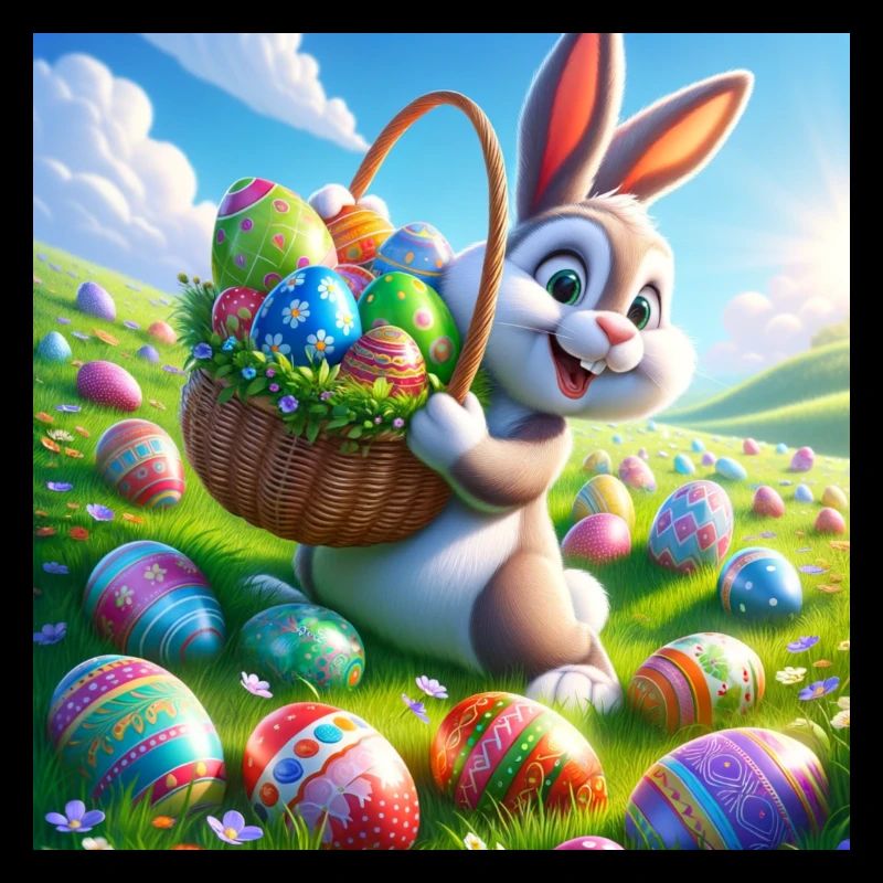 a cheerful easter bunny on a green meadow
