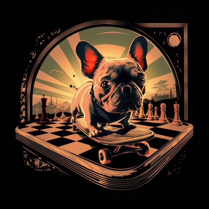 Bouledog sur un skateboard sur un échéquier