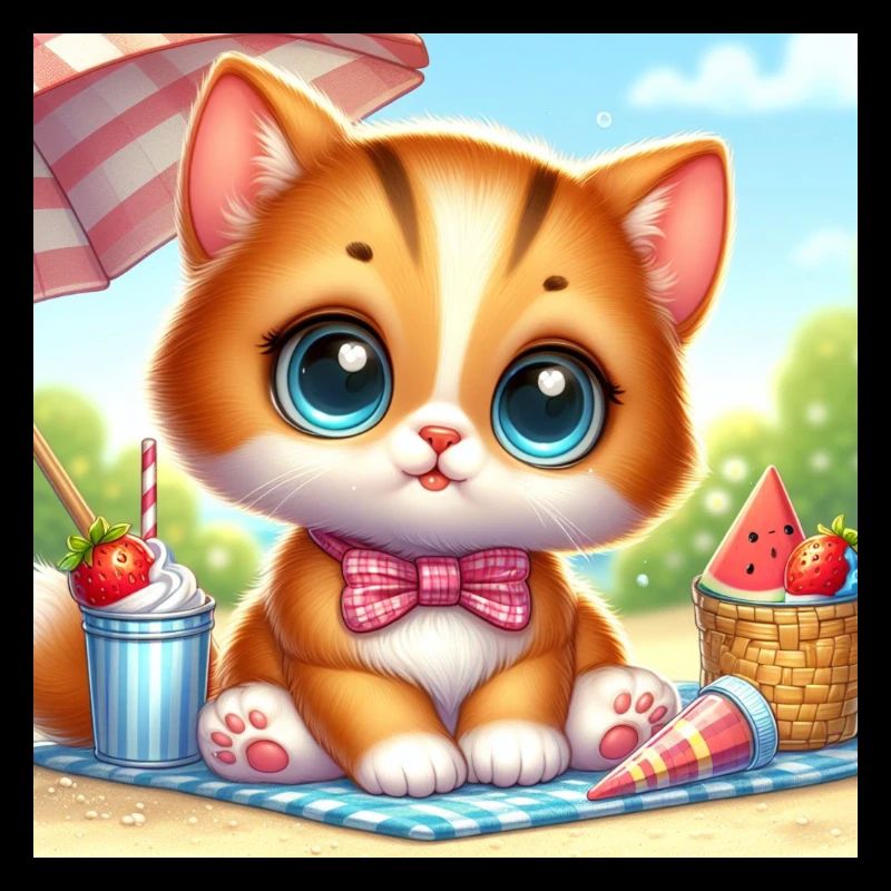 Cute summer kitten/towel beach with snacks