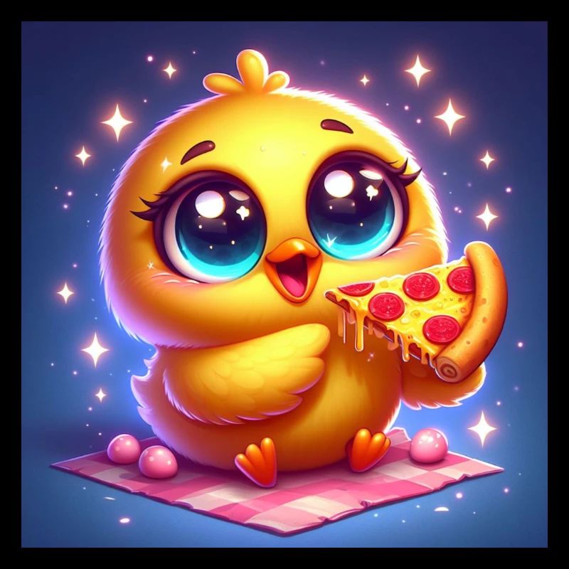 Poussin mignon avec de grands yeux mangeant de la pizza
