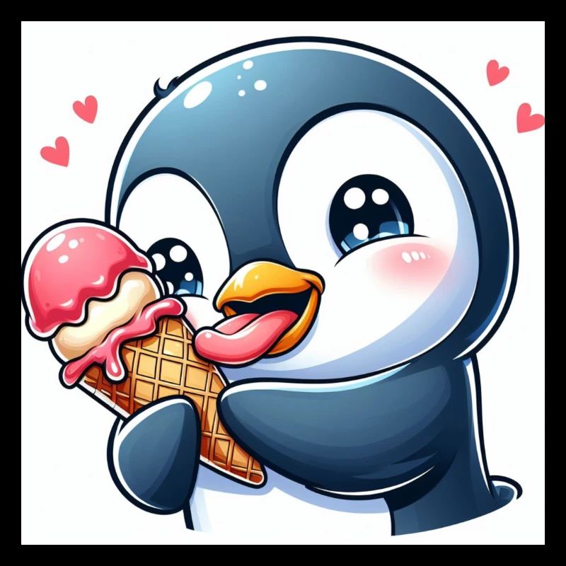 Süsser Pinguin am Softeis essen. Pinguin mit Eis