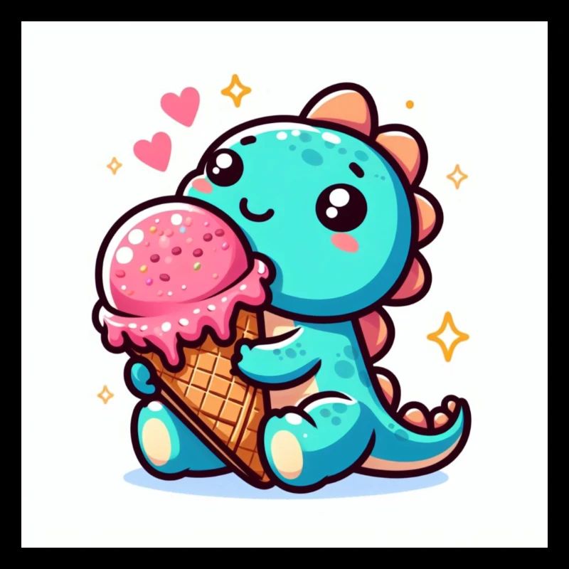 Dino turquoise petit avec cornet de crème glacée et coeurs