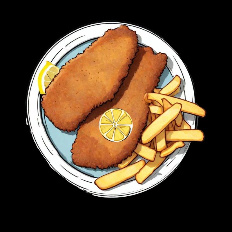 Schnitzel mit Pommes und einem Scheibchen Zitrone