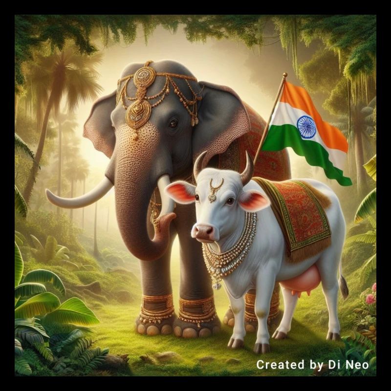 Vache indienne sacrée avec éléphant