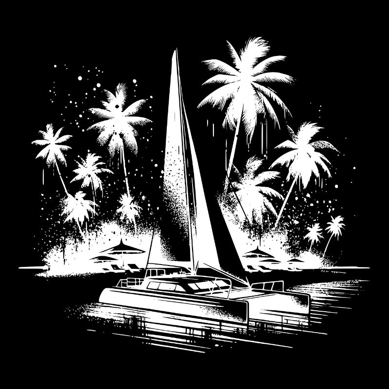 Catamaran sailboat with palm trees