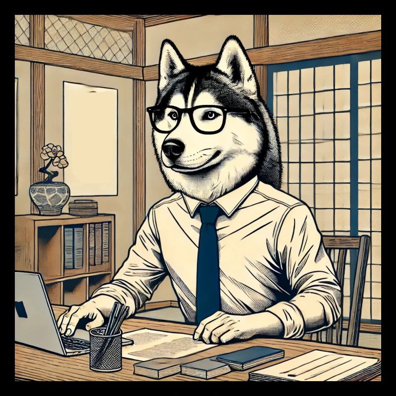 Husky au bureau - Ukiyo-e Style