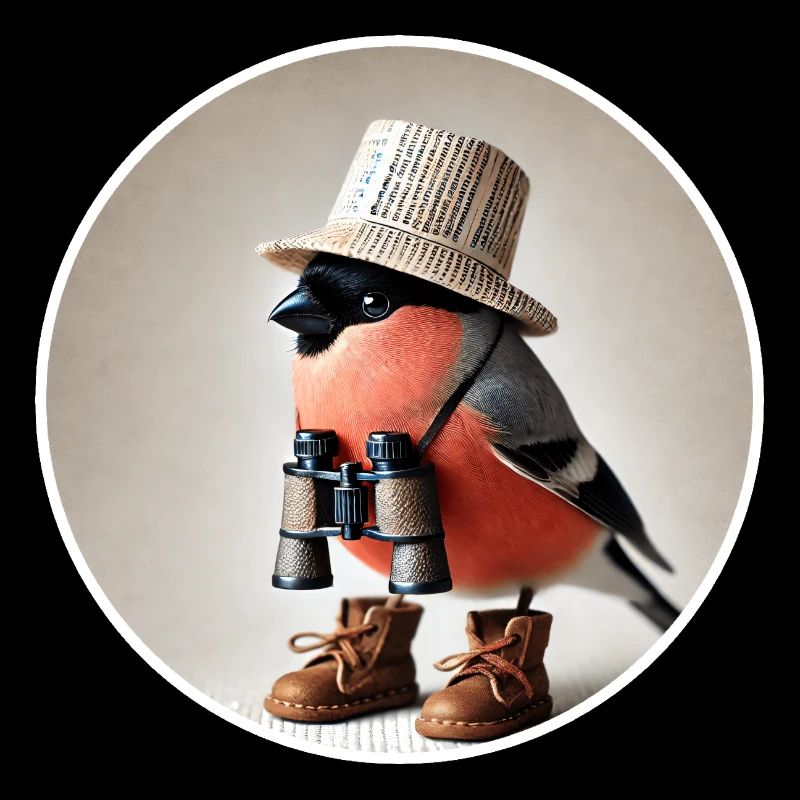 Bullfinch with binoculars