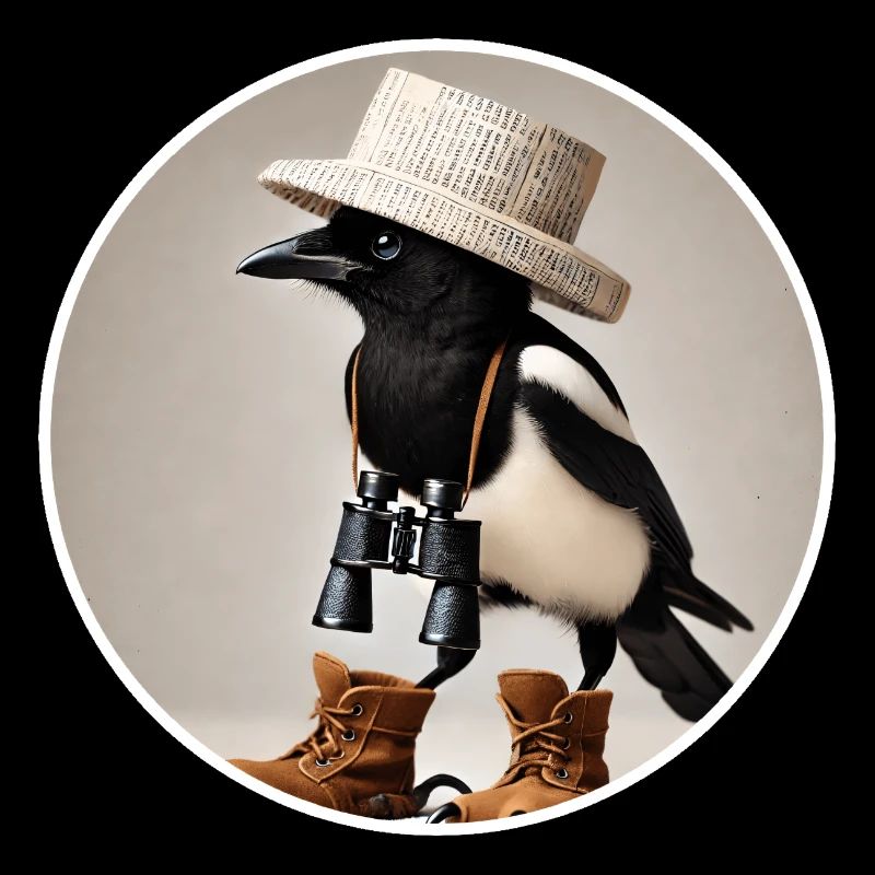 Magpie with binoculars and hat