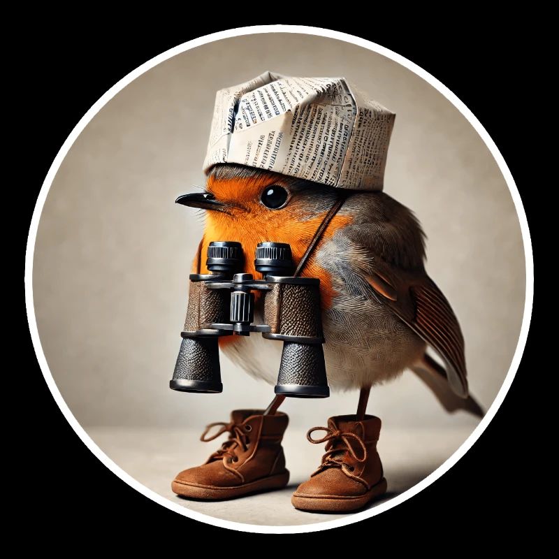 Robin with newspaper hat and binoculars