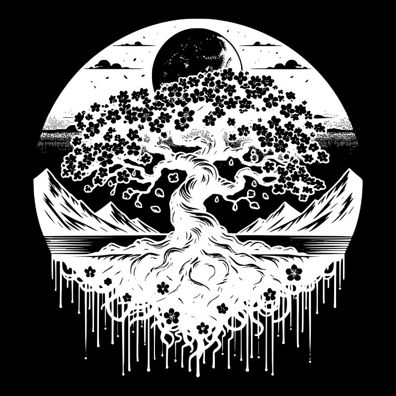 Cherry tree in full bloom in mountain landscape