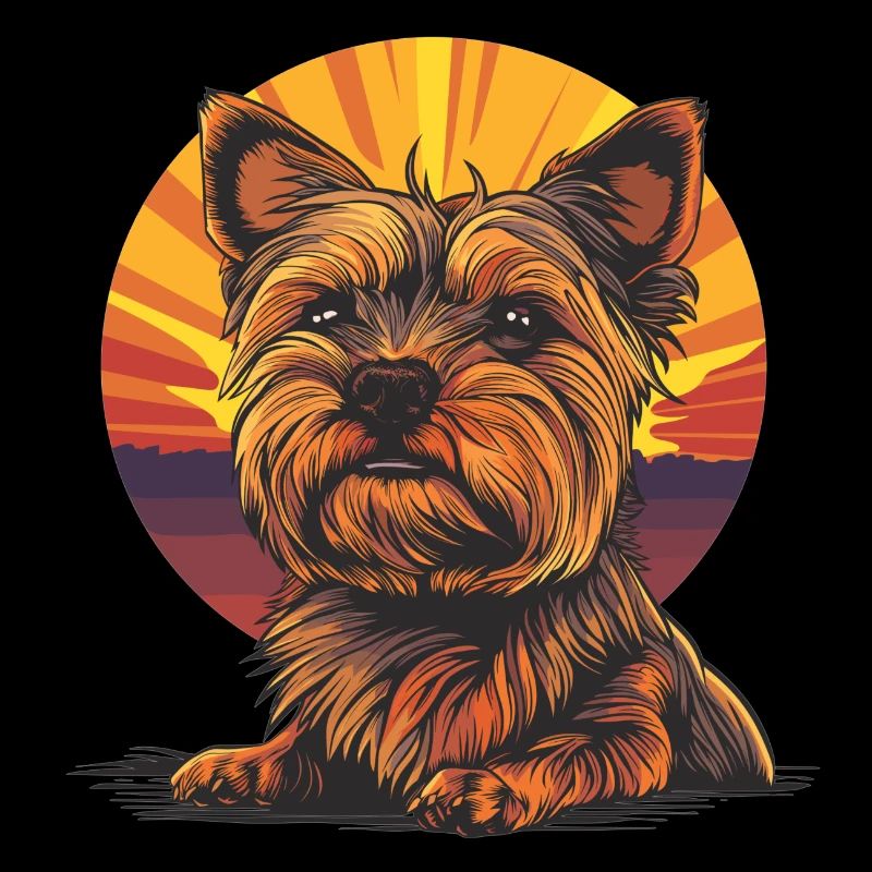 Yorkshire Terrier devant un dessin animé au coucher du soleil