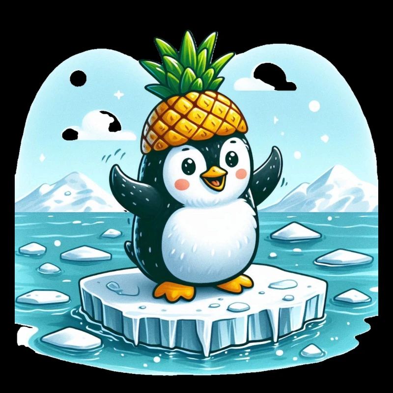 Witziger Pinguin mit Ananas auf Eisscholle