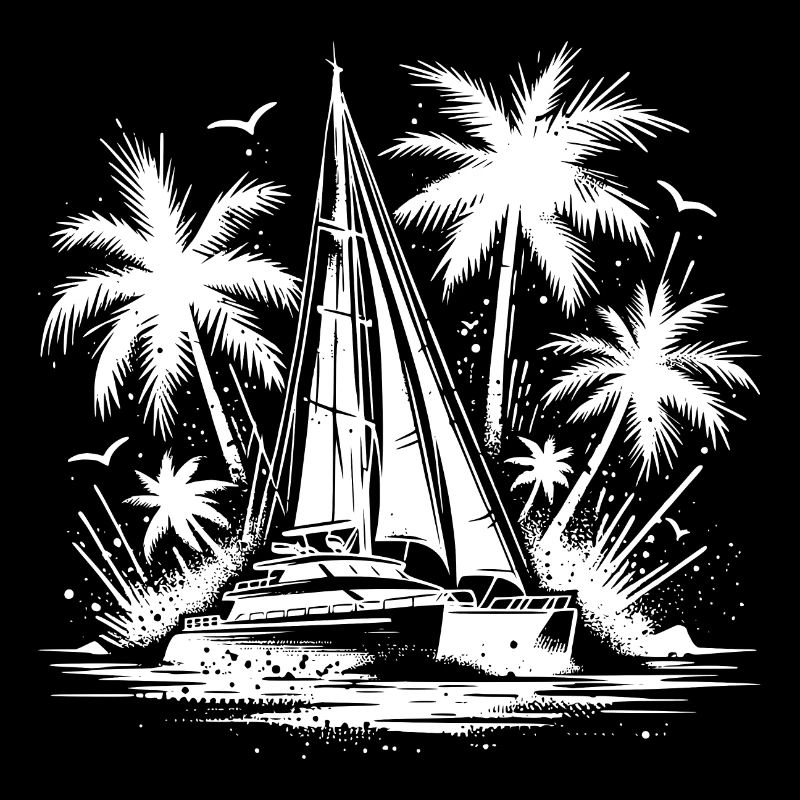 Double hull catamaran sailboat with palm trees