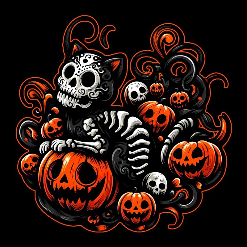 Chat effrayant et citrouilles