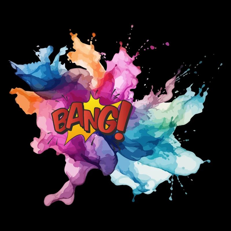 Colourful Watercolour Explosion with 'Bang!' Text
