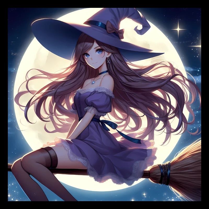 Halloween witch on broom before full moon