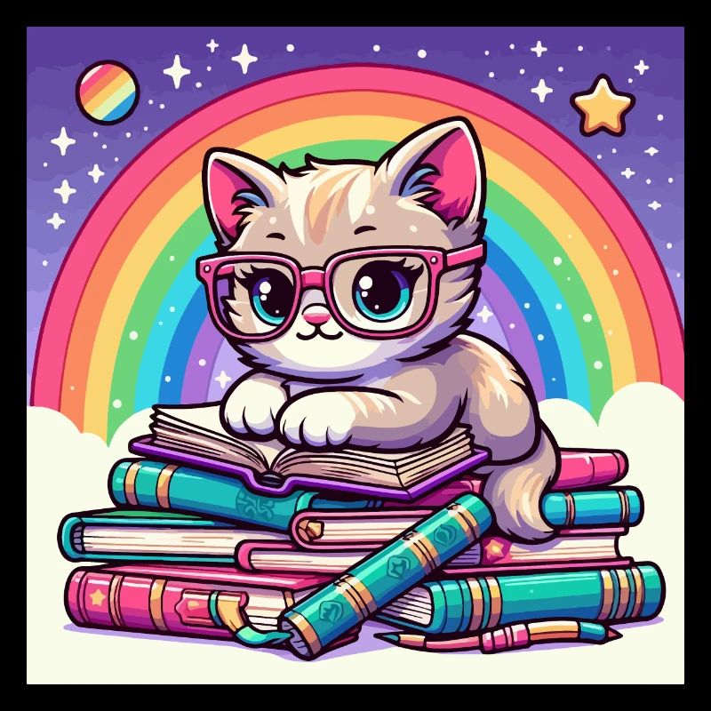 Chat mignon lisant des livres sous l’arc-en-ciel