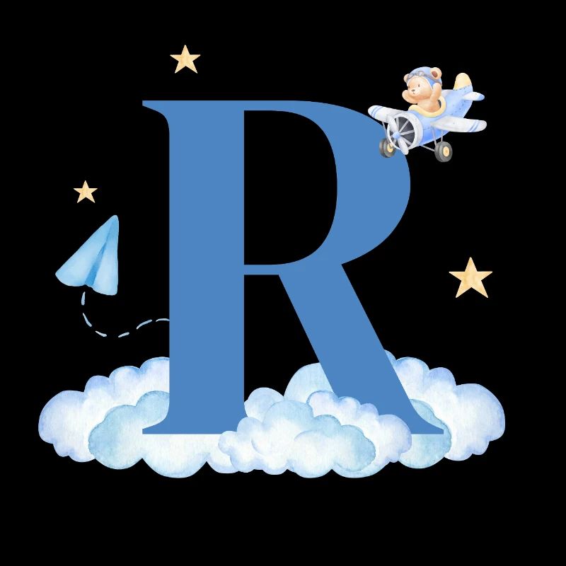 Letter r blue clouds airplane child