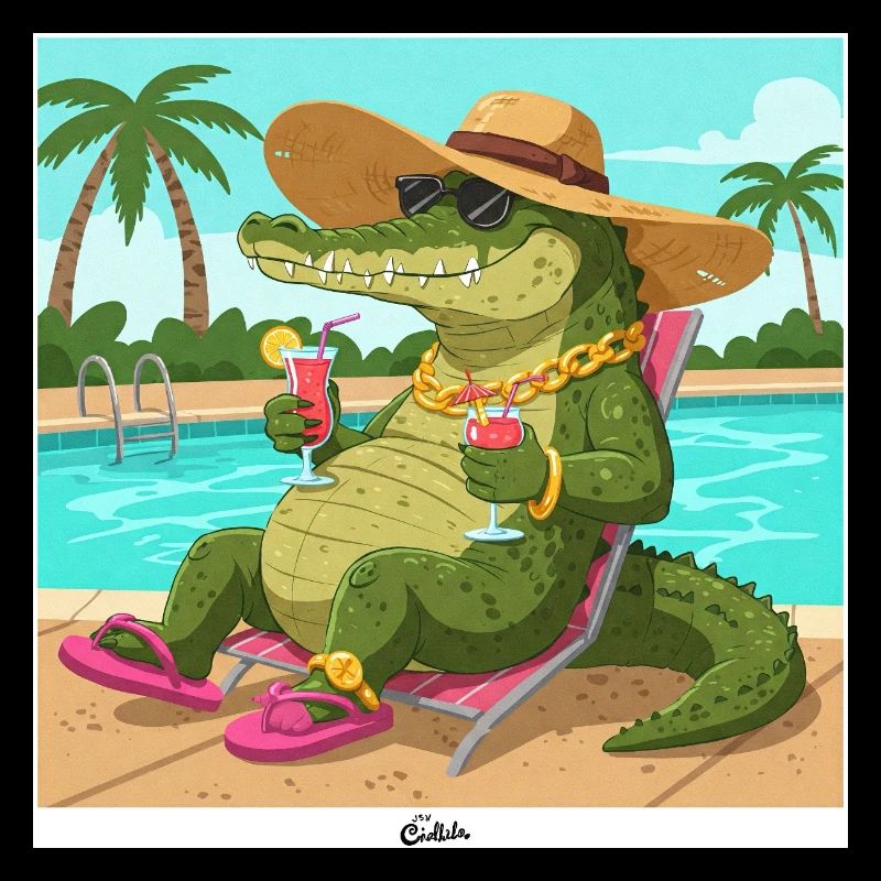 Crocodile au bord de la piscine avec long drink