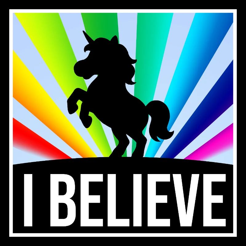 I BELIEVE Einhorn vor leuchtenden Regenbogenstrahl