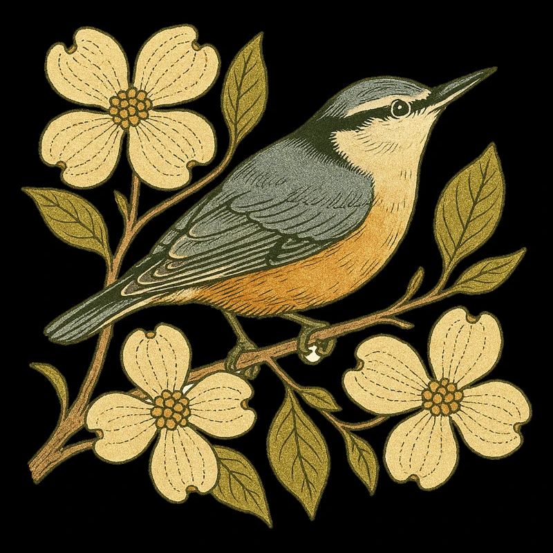 Nuthatch on Blossoming Branch – Vintage Bird