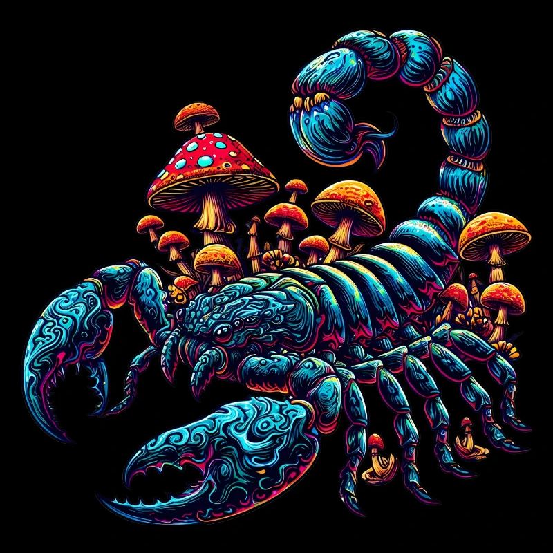 Psychedelic Scorpion with Mushrooms