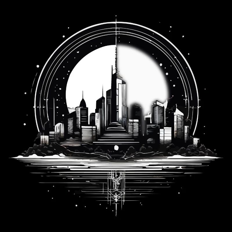 Architecture, City in Moonlight with Reflection