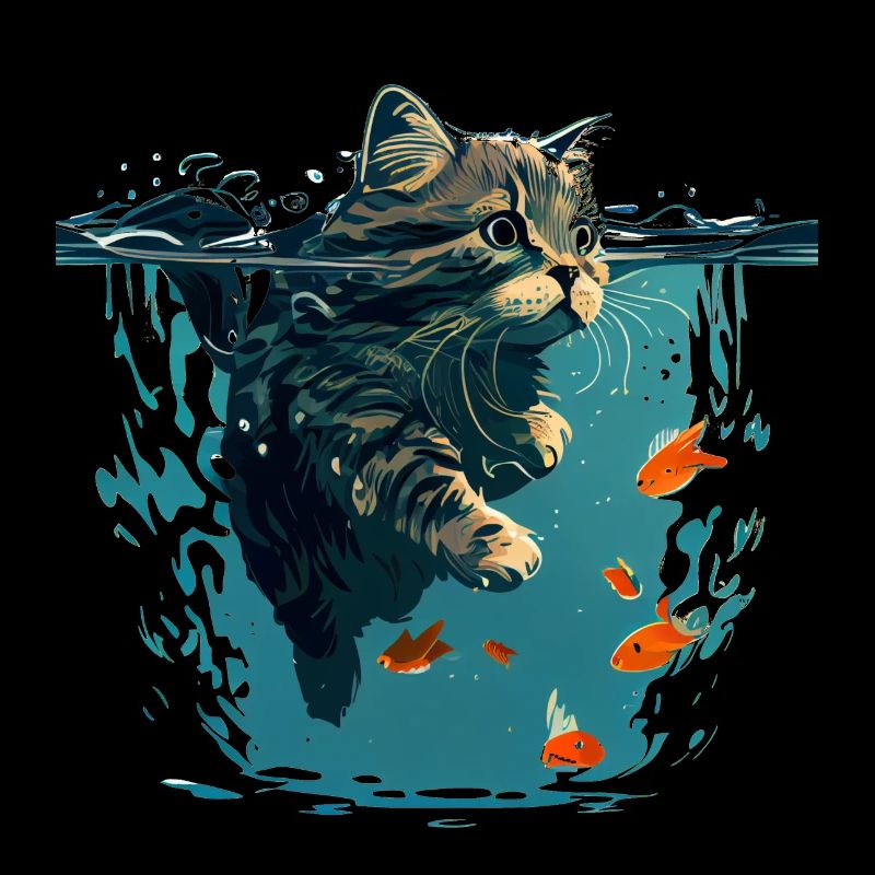 Chat nageur avec poisson rouge