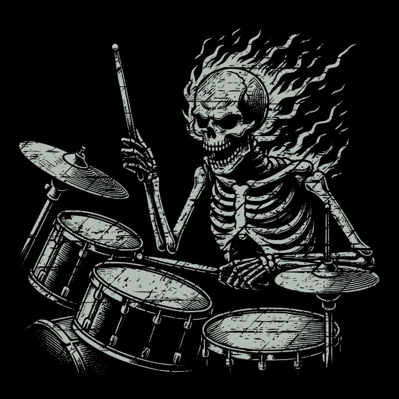 Drummer Skull skeleton on the drum set